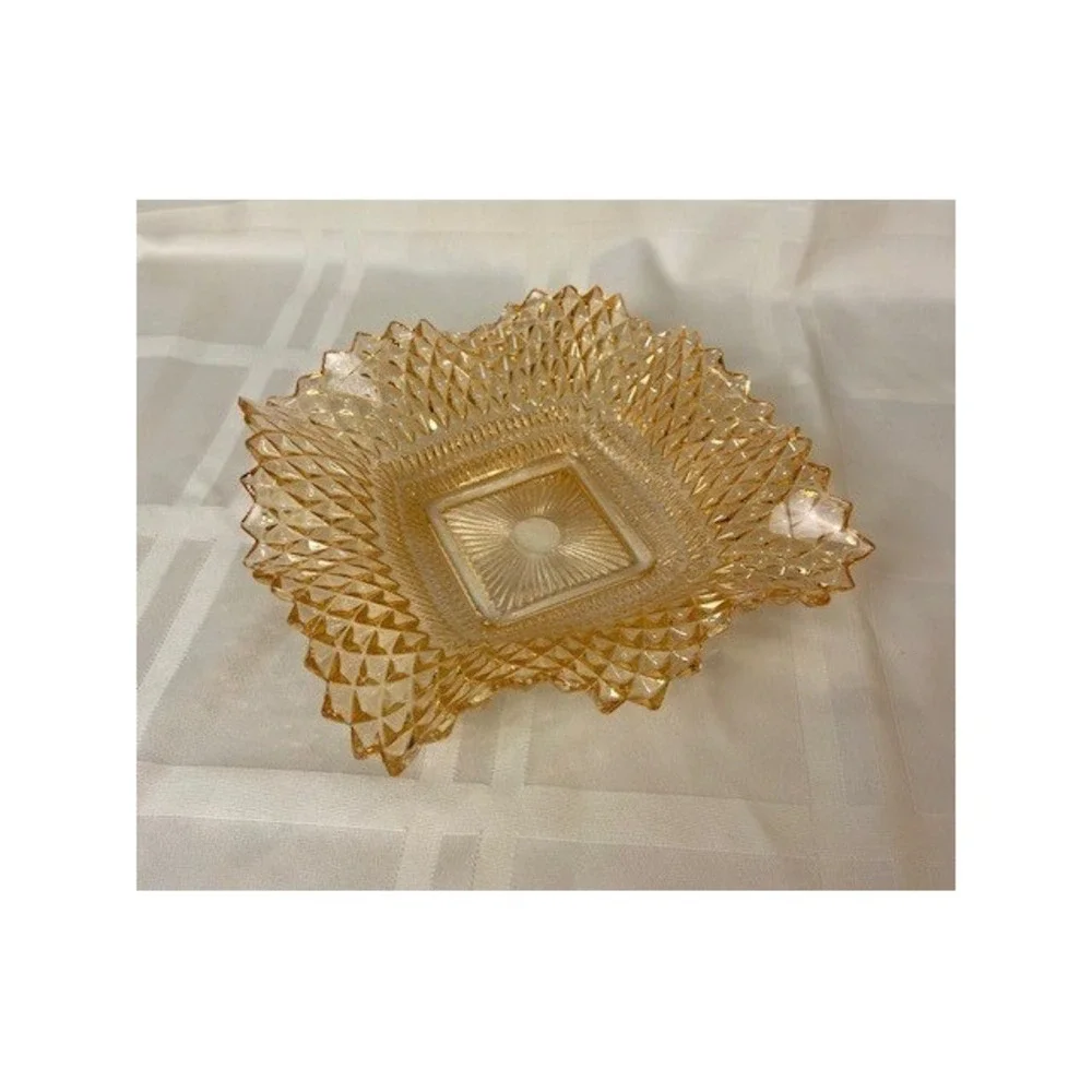 Vintage Amber Marigold Carnival Glass Square Bowl Diamond Point Sawtooth 6.75